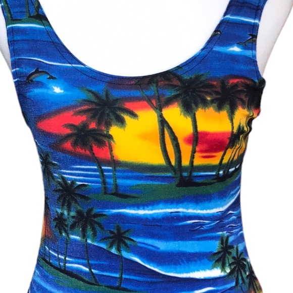 Womens Vintage Y2K Size Large Sleeveless Mesh Summer Tropical Print Mini Dress - Picture 10 of 11
